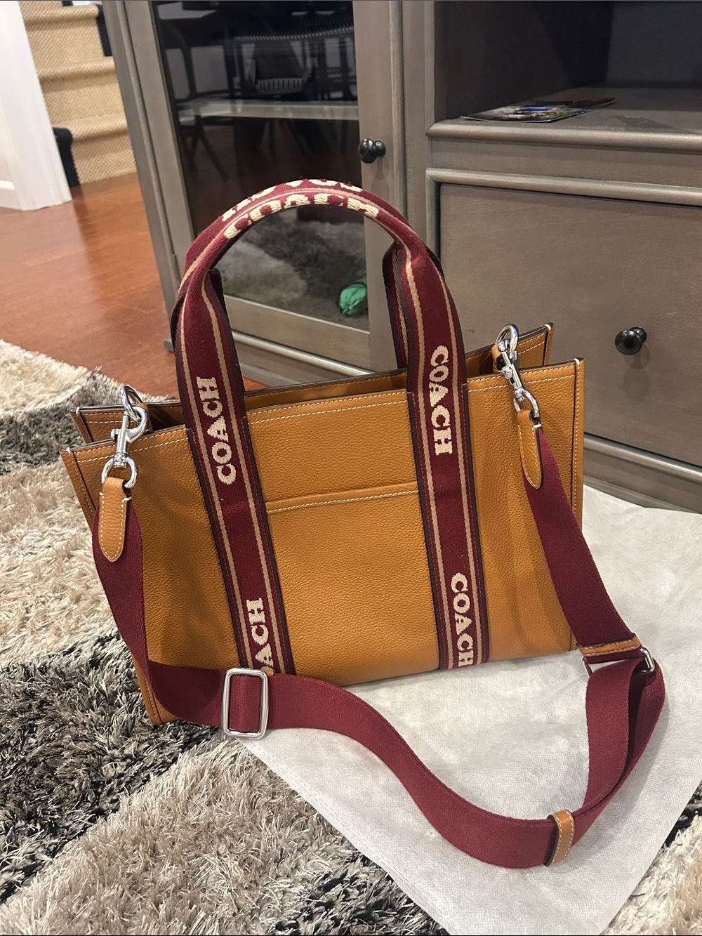 COACH Amber Pebbled Leather Tote with Burgundy Logo Straps
